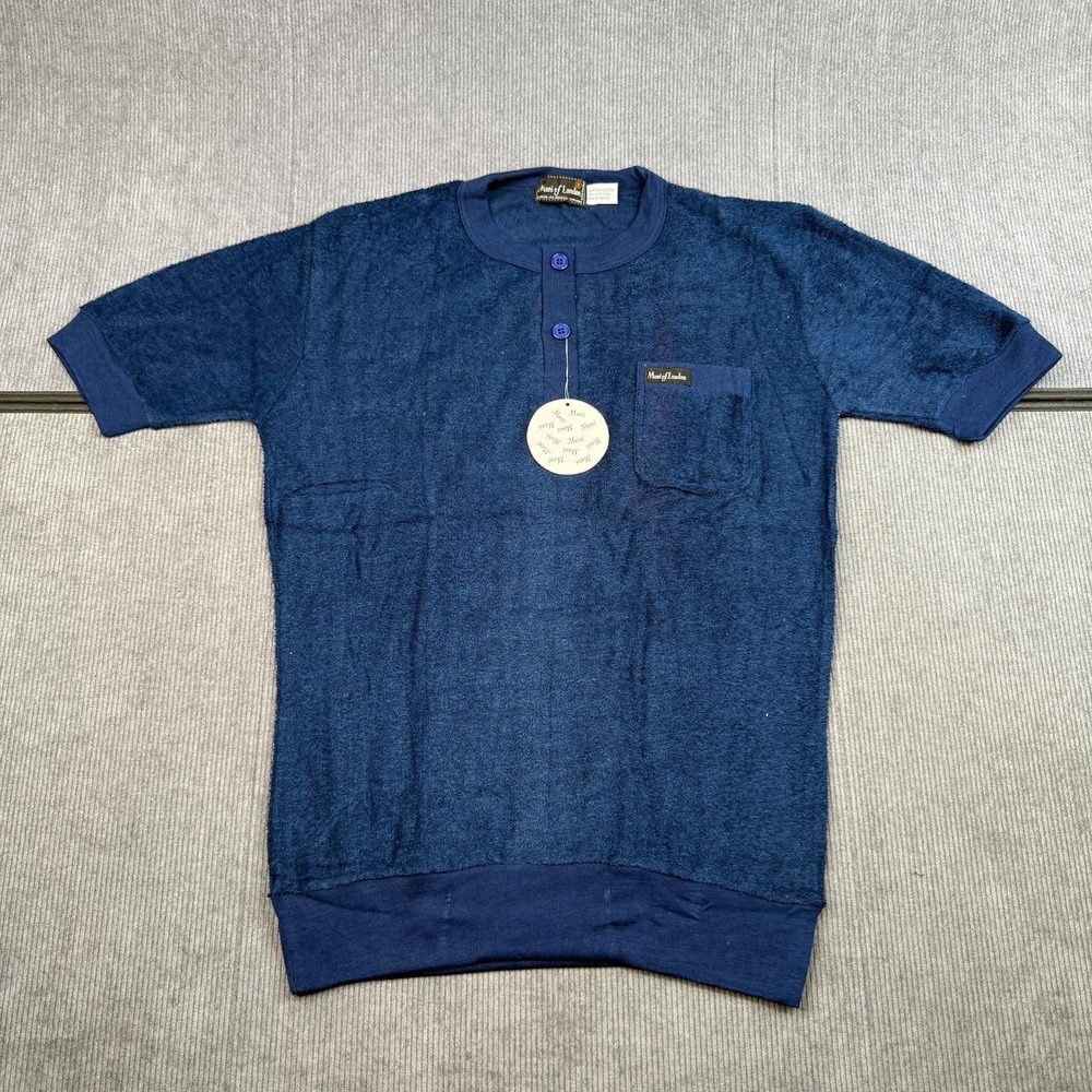 Vintage Moni of London Navy Blue Terry Cloth Ringer Shirt‎ Sz S Pocket Deadstock
